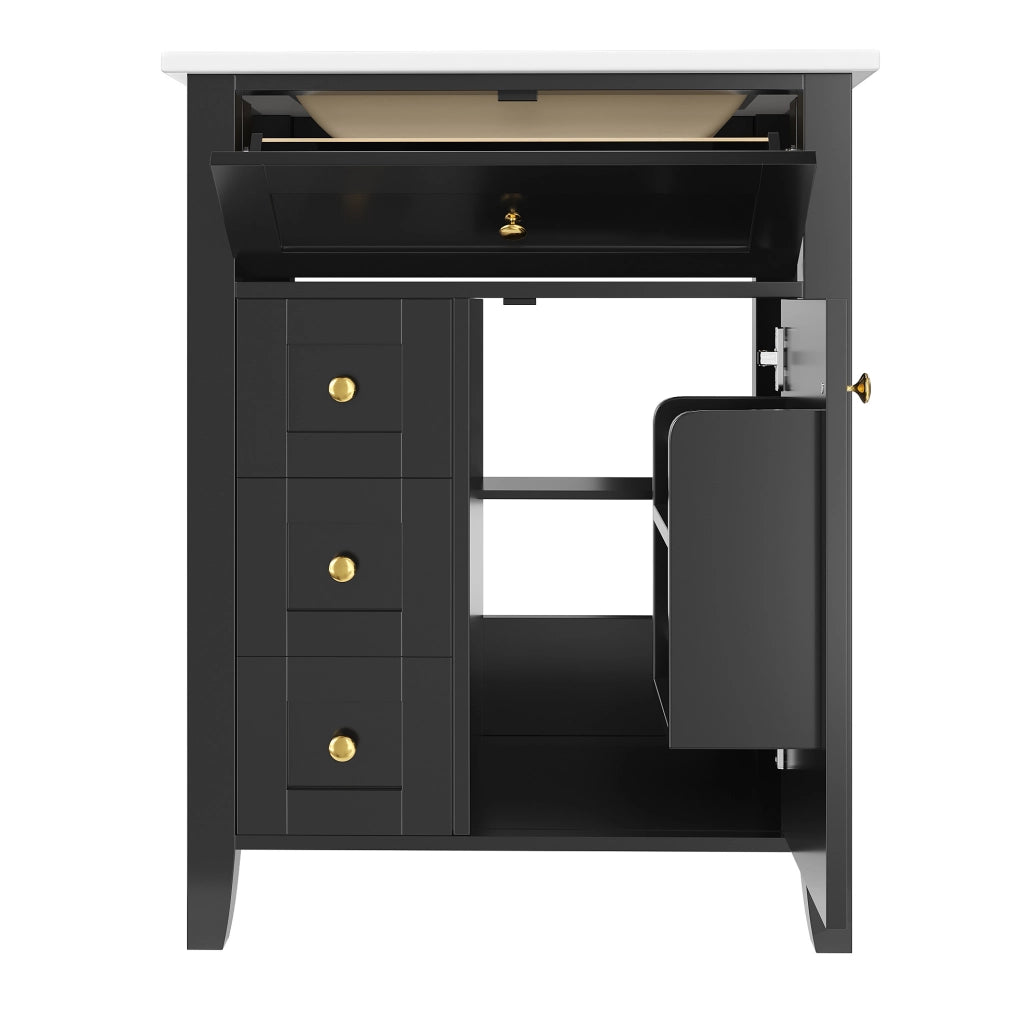 Mobile sottolavabo 61 cm con lavabo in ceramica, MDF nero lucido e 3 cassetti