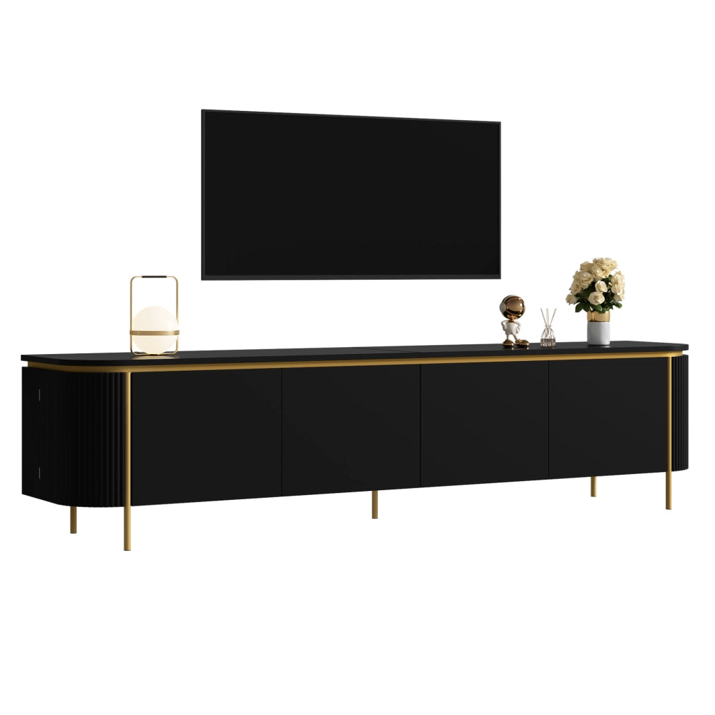 Mobile TV in MDF nero con 6 ante, piedi in ferro e passacavi, design con lati scanalati e angoli arrotondati, 180x38x46 cm
