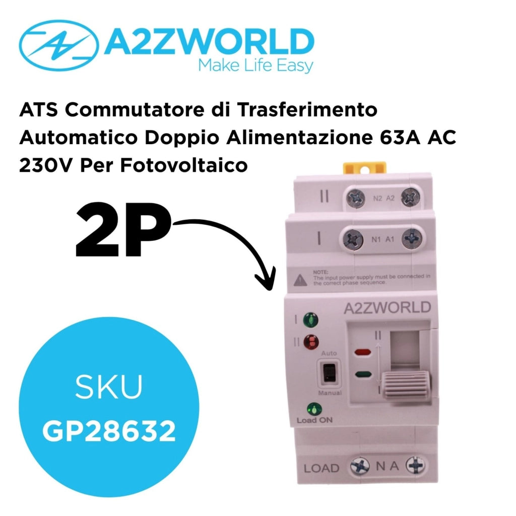 ATS Commutatore di Trasferimento Automatico Doppio Alimentazione 63A AC 230V Per Fotovoltaico, Disponibili 2P 4P (2P)
