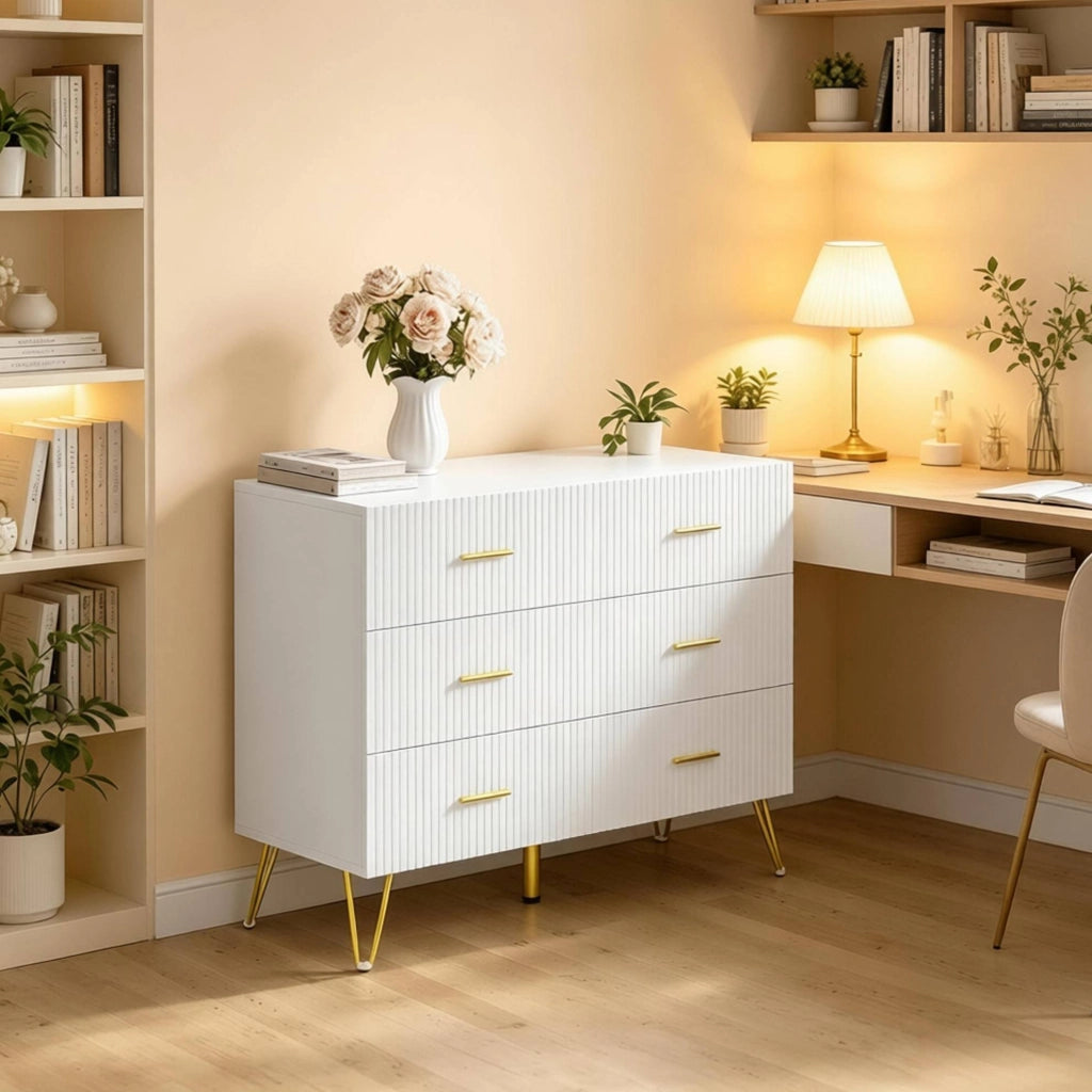 Cassettiera bianca e oro con 6 cassetti 100x40x75 cm