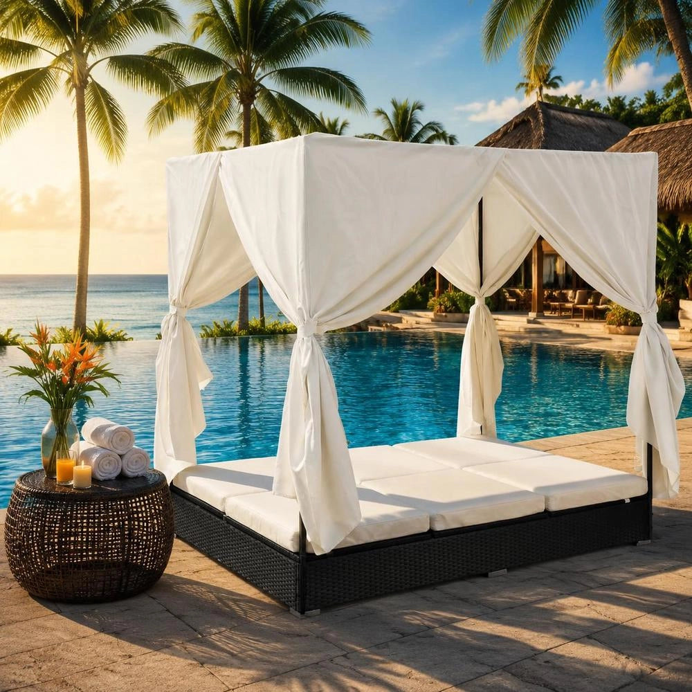 Outdoor Lounge Bed With Curtain, Poly Rattan, Black