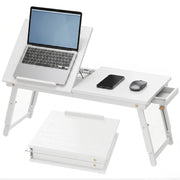 Tavolino da Letto Pieghevole per Laptop in Bambù Vassoio Porta PC Regolabile e Inclinabile con Cassetto Bianco 83,5x33x34cm