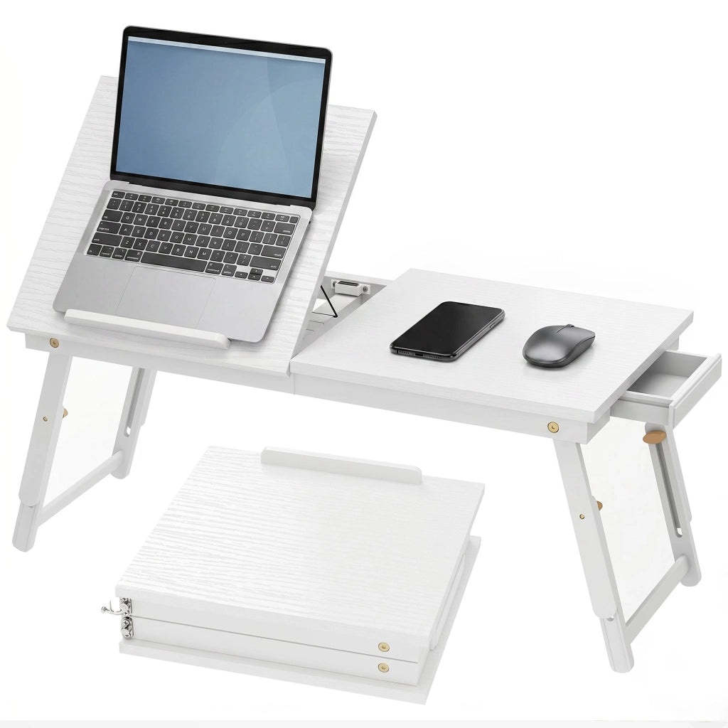 Tavolino da Letto Pieghevole per Laptop in Bambù Vassoio Porta PC Regolabile e Inclinabile con Cassetto Bianco 83,5x33x34cm