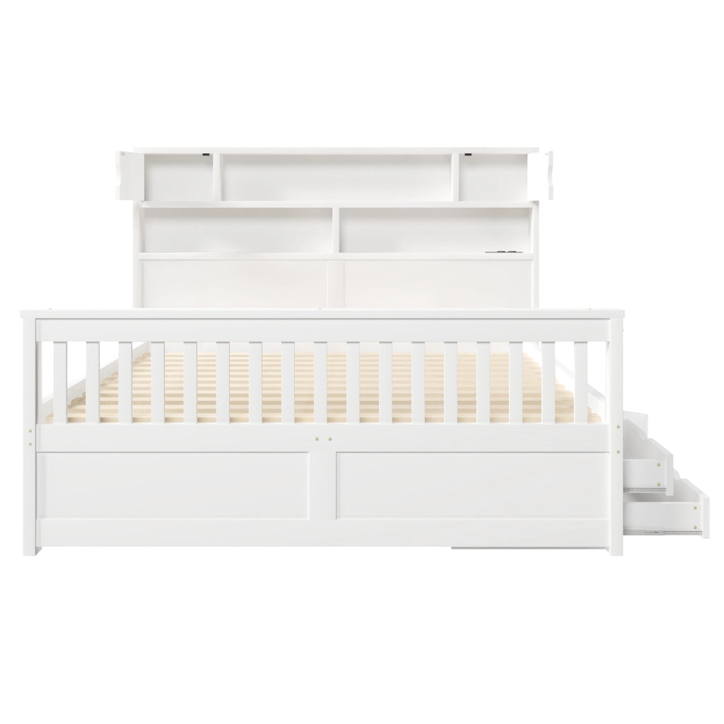 Letto matrimoniale 160x200 cm bianco con ripiani; LED; USB e 4 cassetti