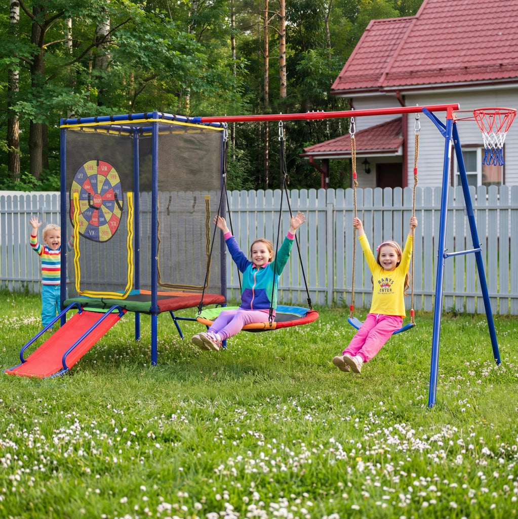 Combinazione gioco da esterno 5 in 1 con trampolino; scivolo; altalene e canestro; multicolore