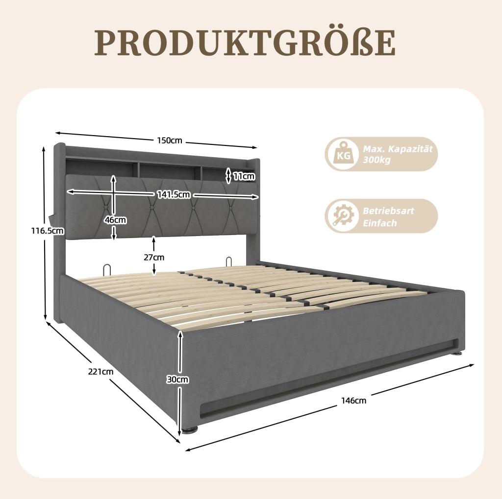 Letto contenitore 140x200 cm con LED, USB e Type-C, testiera con vano e ripiano, velluto grigio scuro