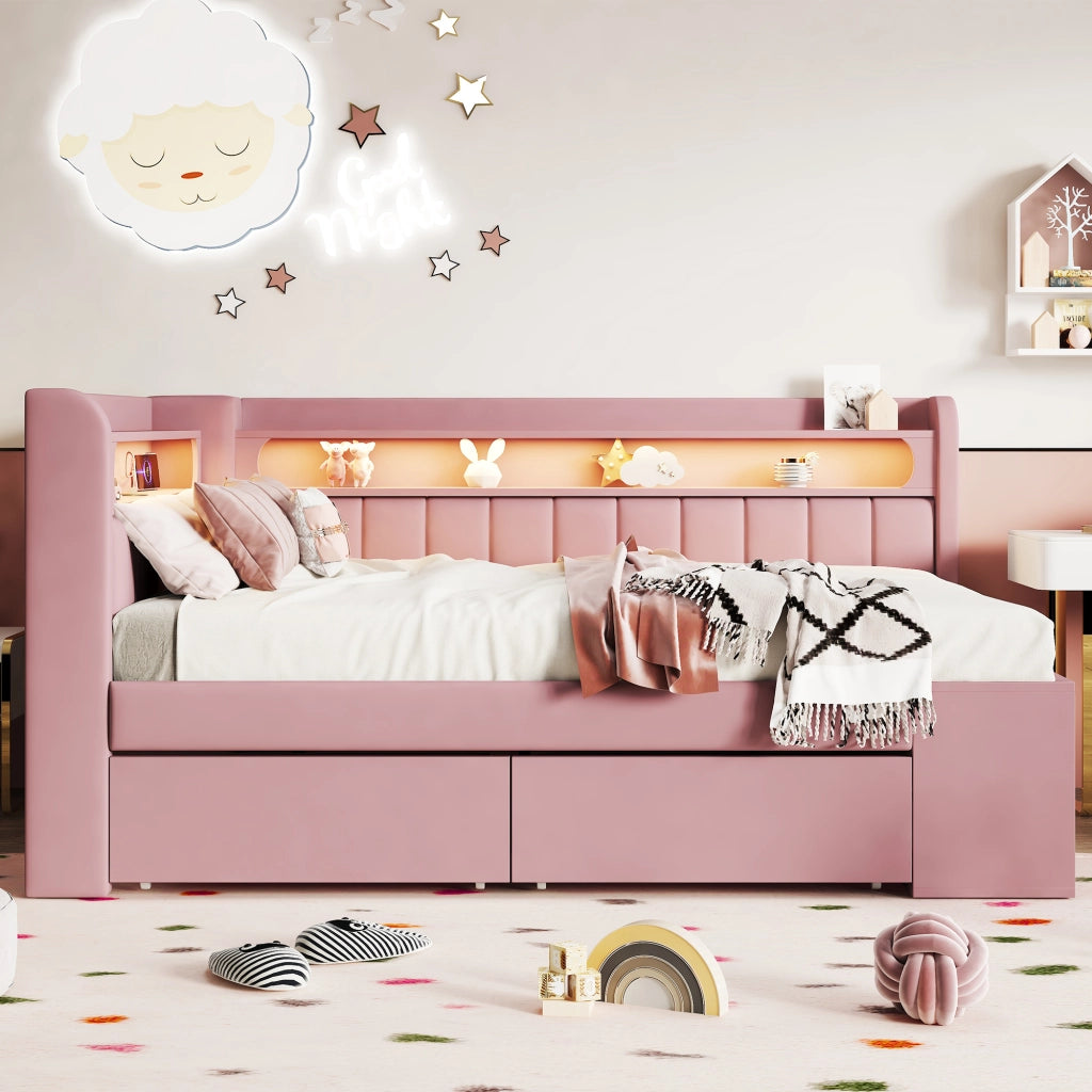 Letto con cassetti 90 × 200 cm con LED USB mobile portascarpe struttura imbottita in MDF e compensato rosa