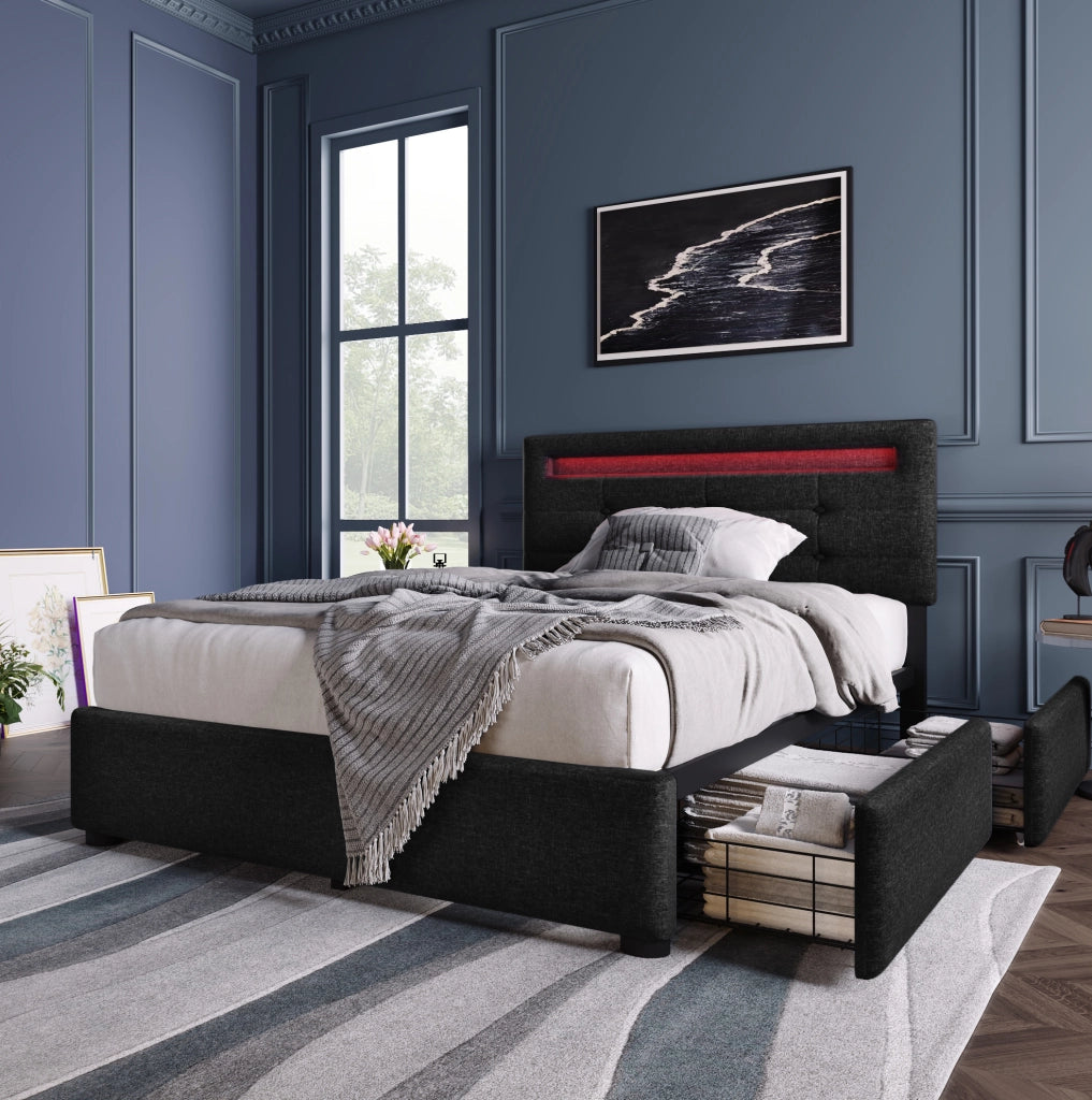 Letto singolo imbottito 90x200 cm con testiera regolabile, LED integrati e 2 cassetti - Grigio