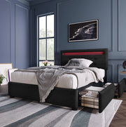 Letto singolo imbottito 90x200 cm con testiera regolabile, LED integrati e 2 cassetti - Grigio
