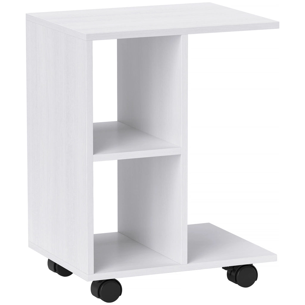 Tavolino laterale a C con ruote e vani portaoggetti 45x35x58 cm in truciolare bianco
