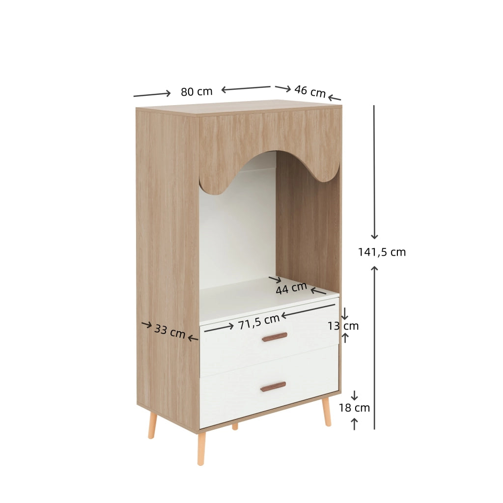 Armadio aperto per bambini con asta appendiabiti e 2 cassetti su 5 piedi in legno colore naturale e bianco