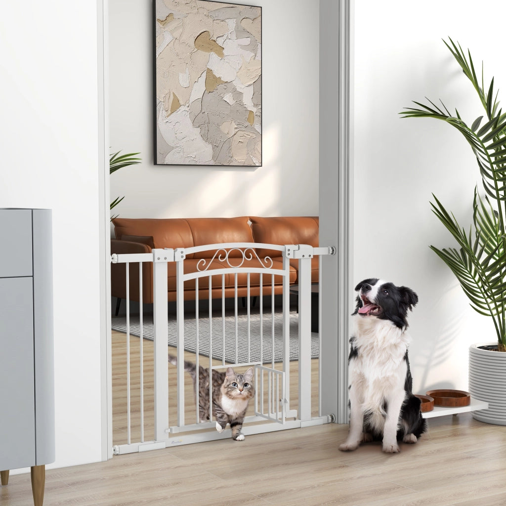 EasyComfort Cancellino per Cani Regolabile con Estensioni, Porta per Gatti e Apertura a Una Mano, 76-104x77cm, Bianco