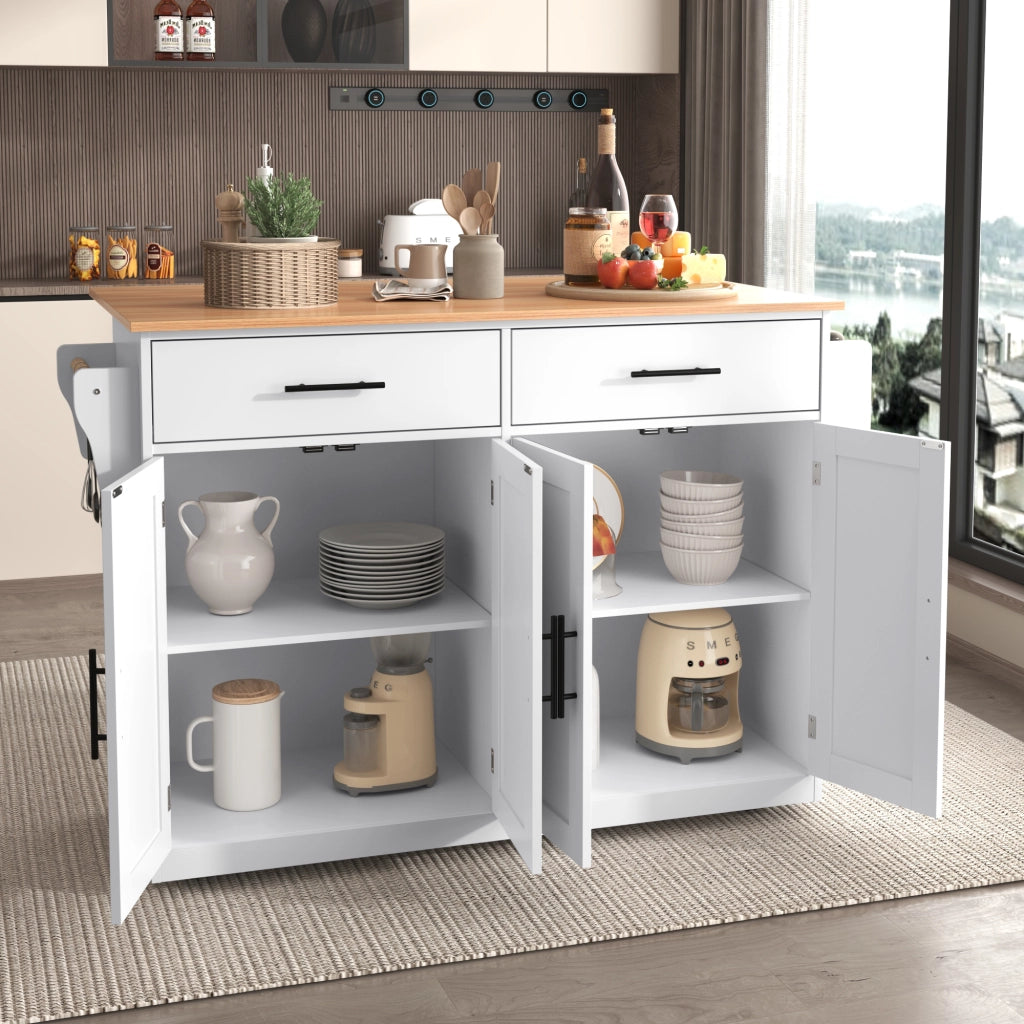 Carrello da cucina con piano ribaltabile quattro ante due cassetti e ruote bianco e naturale