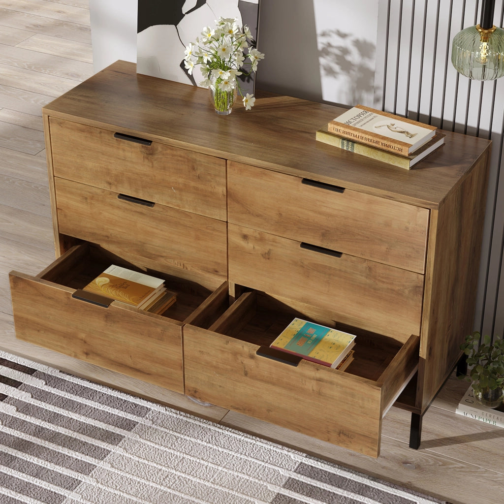Cassettiera industriale con 6 cassetti e piedini regolabili per camera da letto, rovere scuro, 120 × 40 × 76 cm