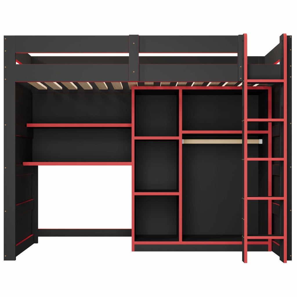 Letto a soppalco 90x200 cm con scrivania; armadio e LED; MDF e compensato nero e rosso