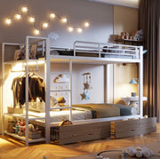 Letto a castello in ferro 90x200 cm con 2 cassetti, ripiani, luci LED e appendiabiti, bianco