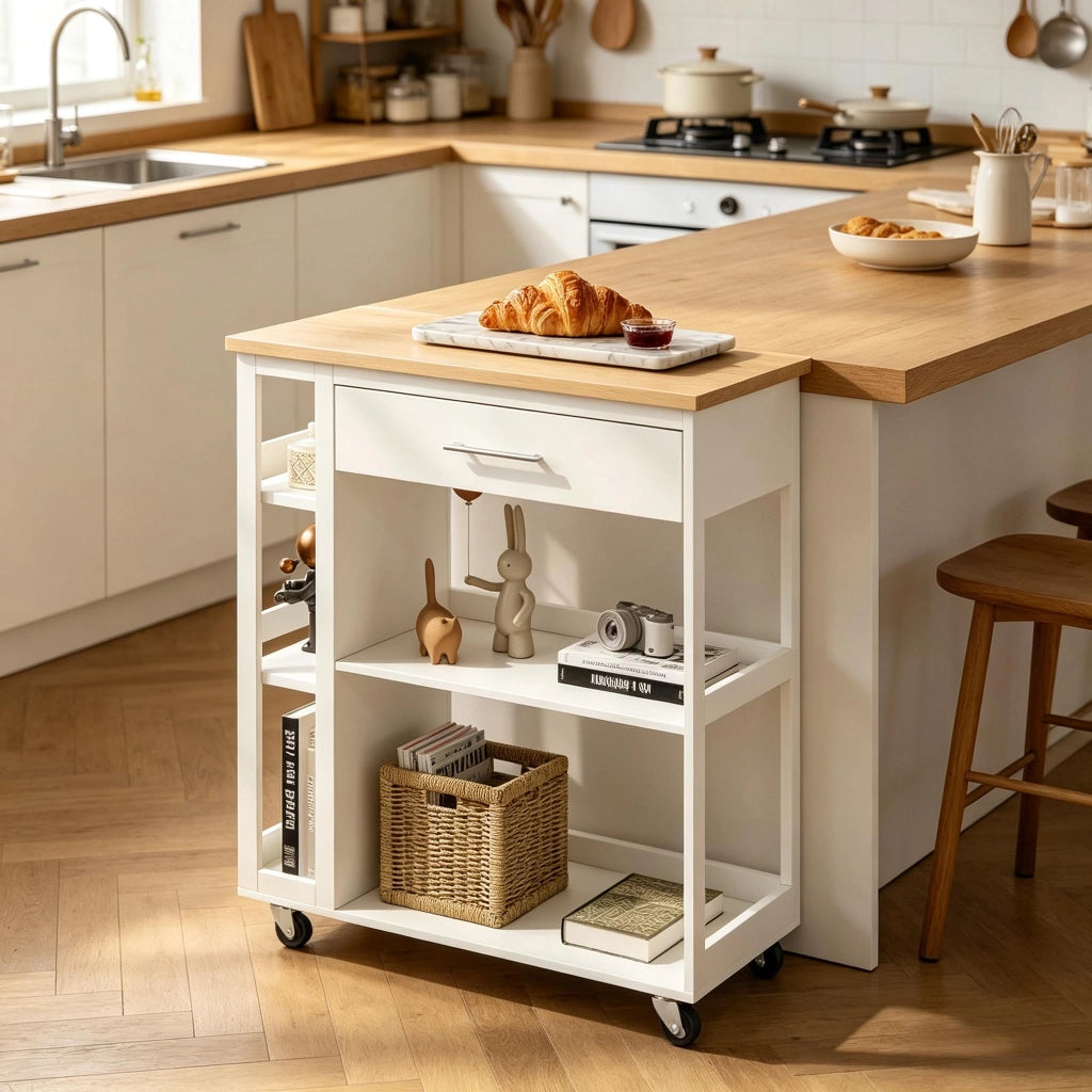 Carrello da cucina con cassetto; ripiani aperti e 4 ruote con freno in MDF bianco effetto legno