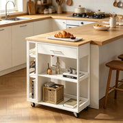 Carrello da cucina con cassetto; ripiani aperti e 4 ruote con freno in MDF bianco effetto legno