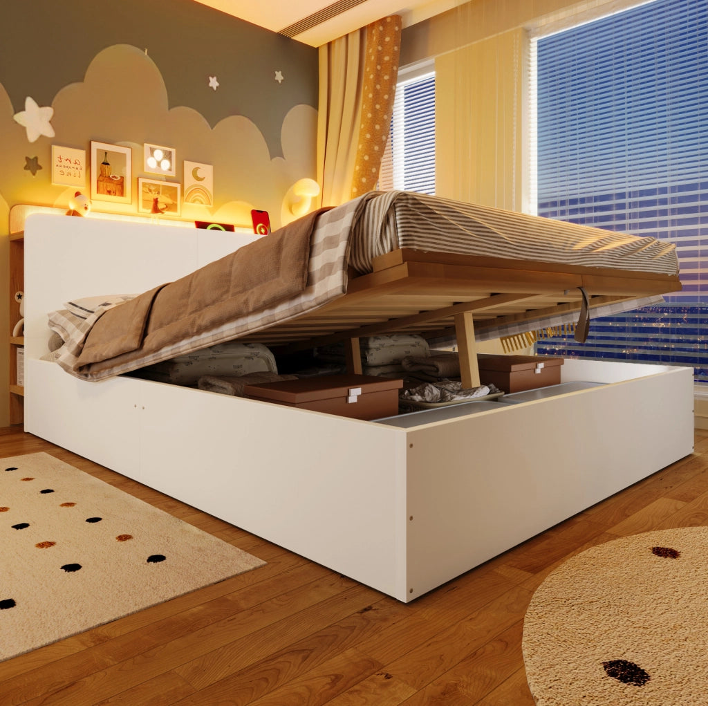 Letto 140x200 cm con contenitore idraulico, LED, USB e USB-C bianco naturale