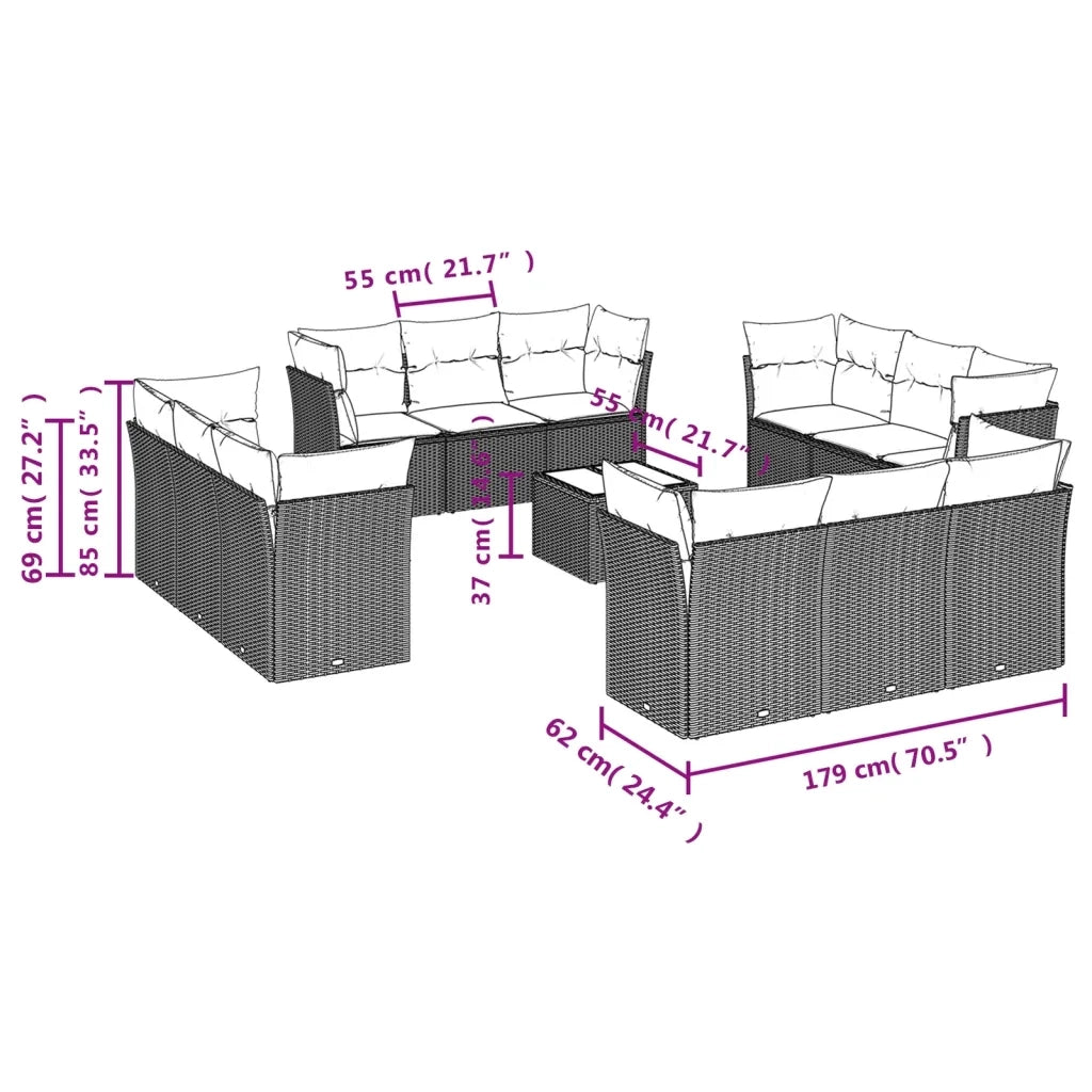 Set Divano da Giardino 13 pz con Cuscini Beige in Polyrattan