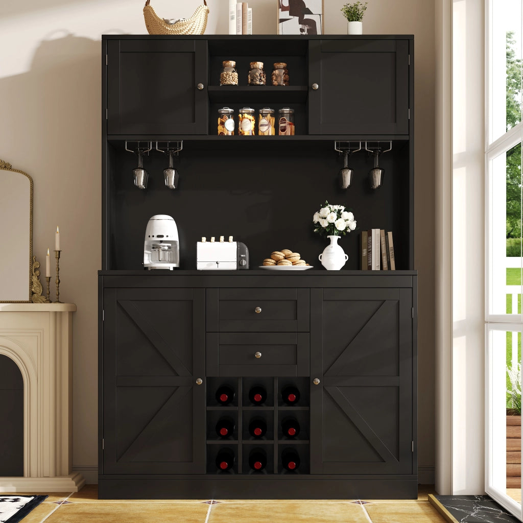Credenza da cucina con 4 ante ripiani regolabili portabottiglie e vano aperto in MDF nera 120 × 40 × 188 cm
