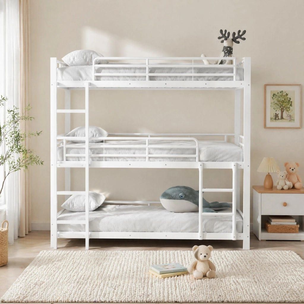 Letto a castello triplo in metallo 90 x 200 cm con scala fissa; bianco