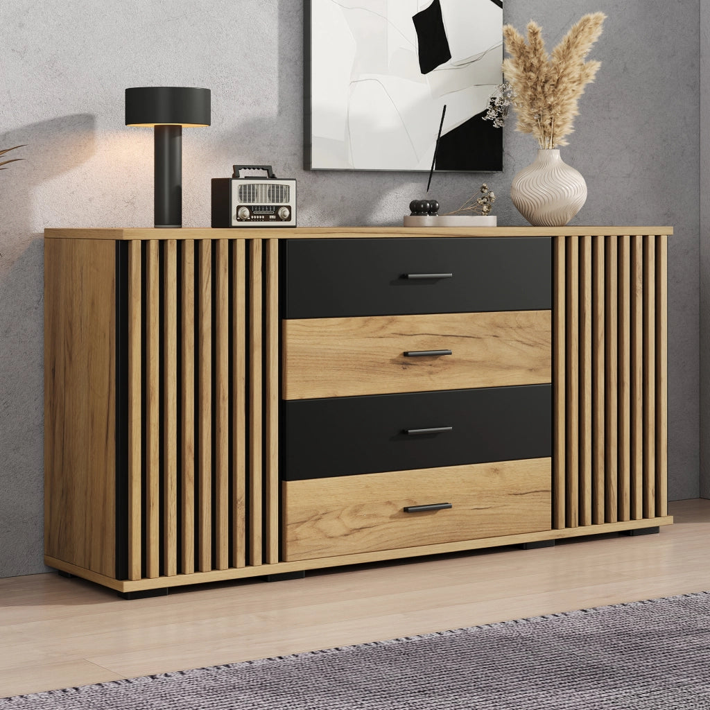 SIDEBOARD 140x35x70 cm in MDF nero e effetto rovere con 4 cassetti e 2 ante