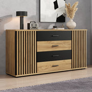 SIDEBOARD 140x35x70 cm in MDF nero e effetto rovere con 4 cassetti e 2 ante