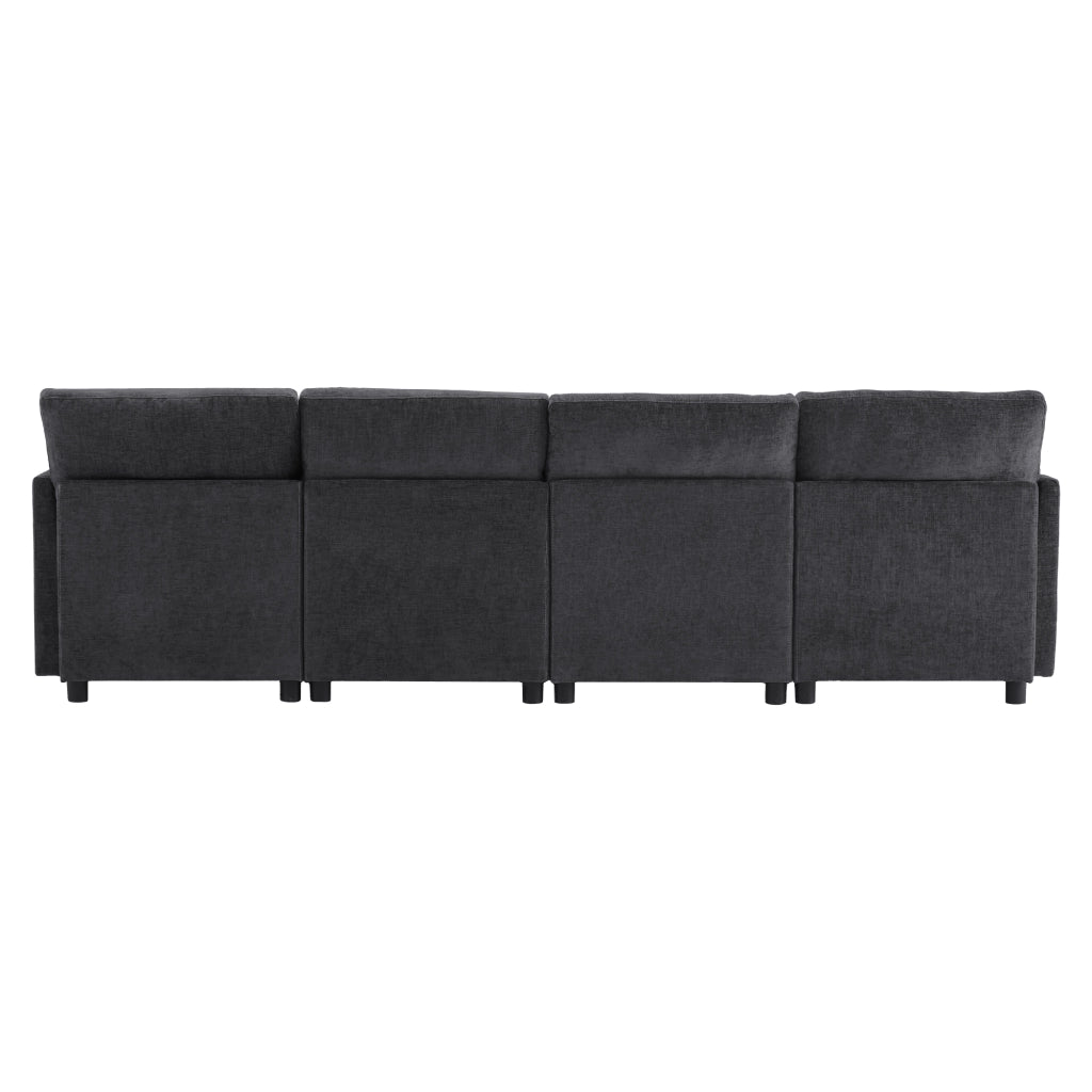 Divano modulare 4 posti configurabile a U o L con 2 pouf e 6 cuscini in chenille grigio, 278 × 161 × 81 cm