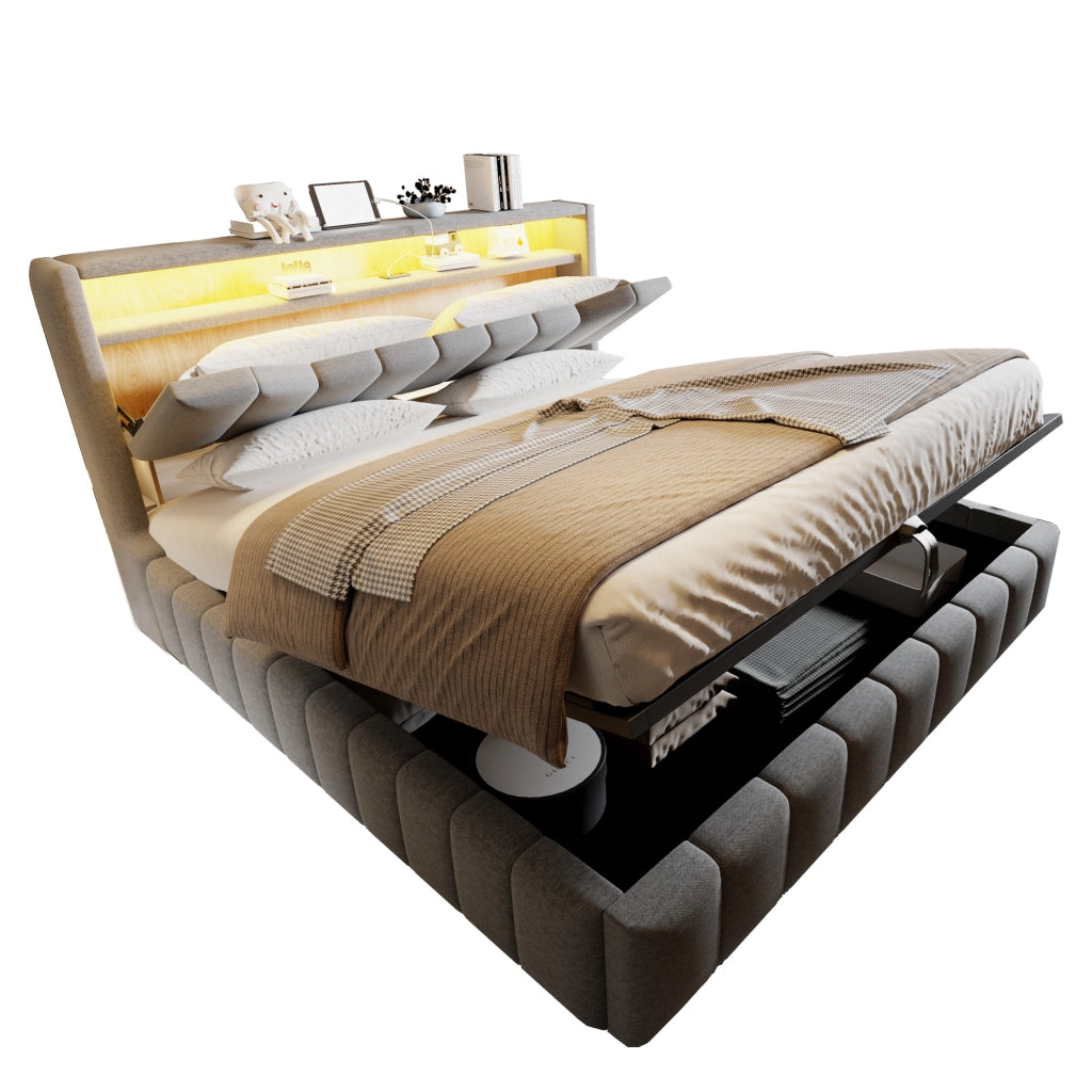 Letto contenitore matrimoniale 180 × 200 cm con LED, USB e USB-C, testiera con vano, senza materasso, tessuto grigio