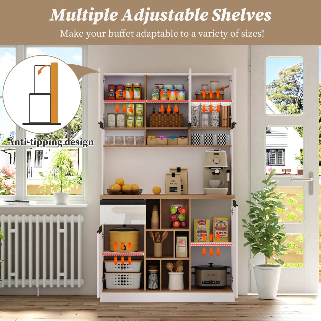 Mobile da cucina moderno bianco 105x45x185 cm, buffet con ante lucide, maniglie in metallo, ripiani regolabili, cassetti, spazio aperto, protezione anti-ribaltamento