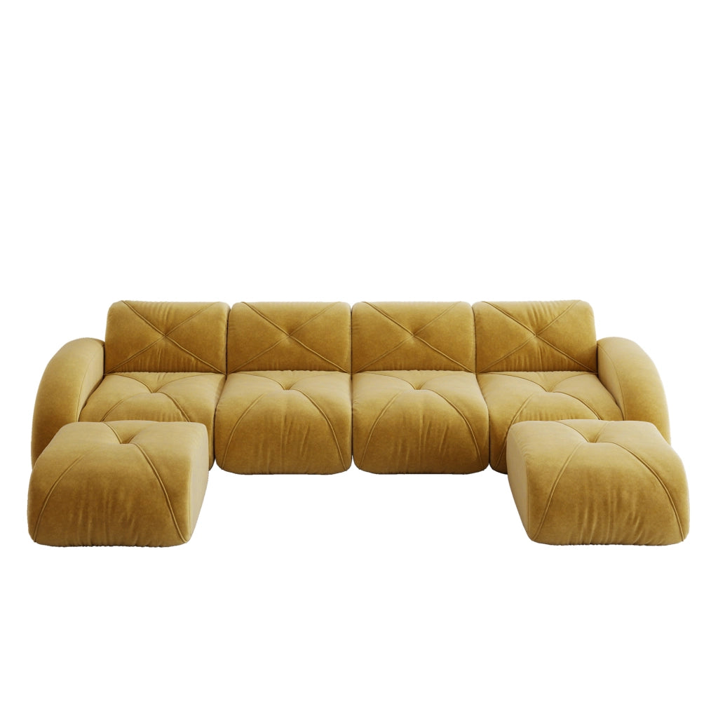 Divano modulare 4 posti 358x171x76 cm in ciniglia gialla con 2 pouf