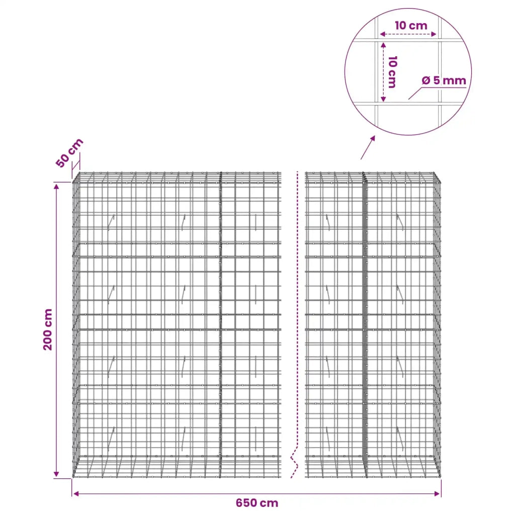 Gabione con Filo da 5 mm e Rete da 10x10 cm 650x50x200 cm 3465271