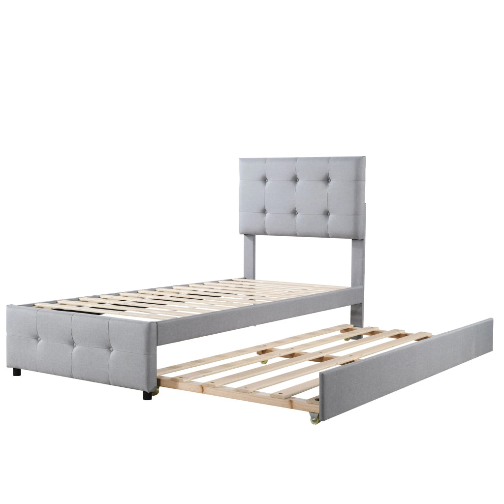 Letto con letto estraibile 90 × 200 cm testiera regolabile imbottito in tessuto di lino grigio con rete a doghe