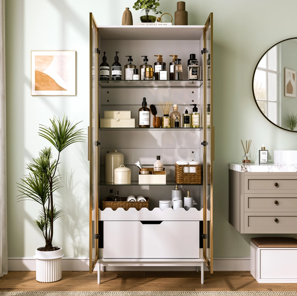 Mobile alto contenitore in MDF bianco e oro con ripiani regolabili e cassetto