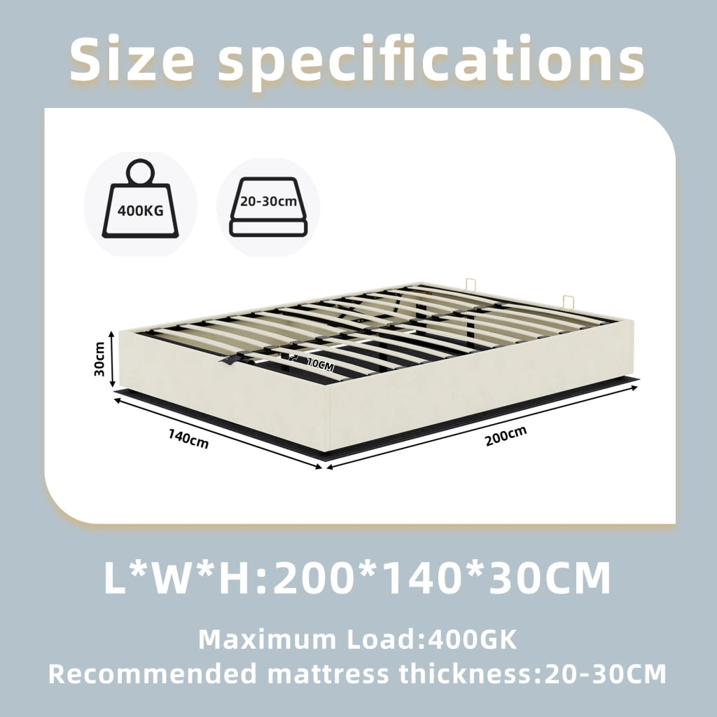Letto contenitore 140x200 cm in tessuto e metallo beige con materasso