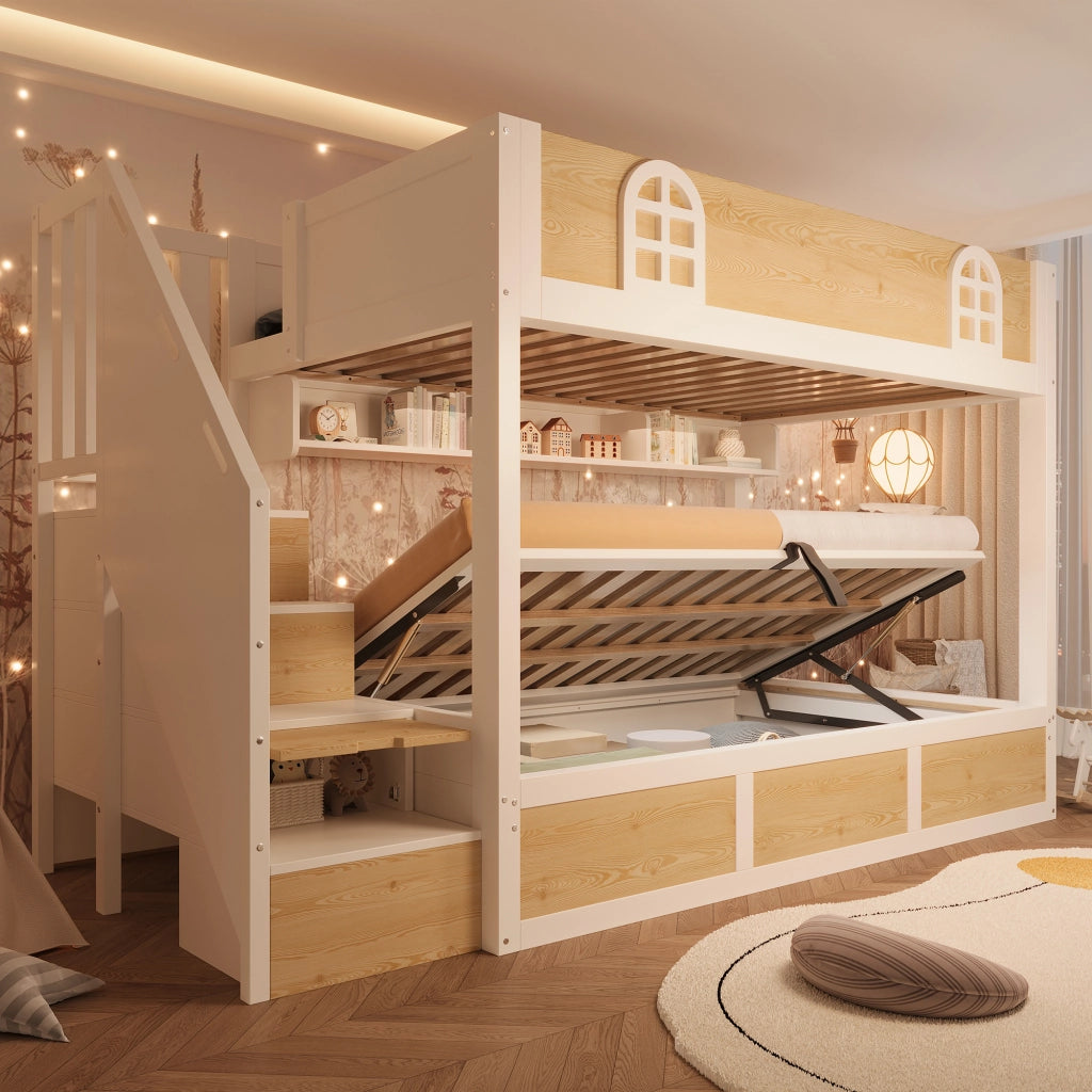 Letto a castello due posti 90 × 200 cm con scala contenitore e vano sollevabile in legno e metallo bianco naturale