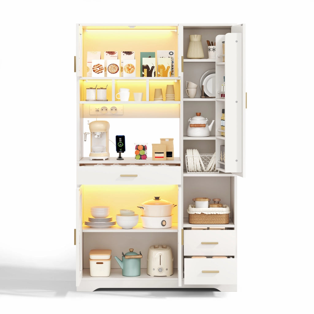 Credenza da cucina alta con vetrina, LED e prese, ripiani regolabili e cassetto, in MDF bianco, 105 × 40 × 185 cm