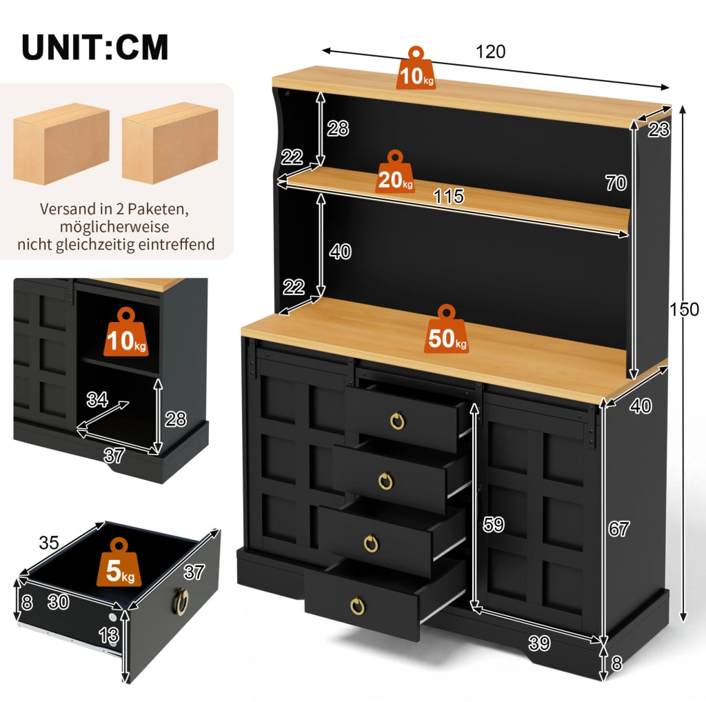 Credenza da cucina 120x40x150 cm con LED RGB, prese USB e 4 cassetti in MDF nero