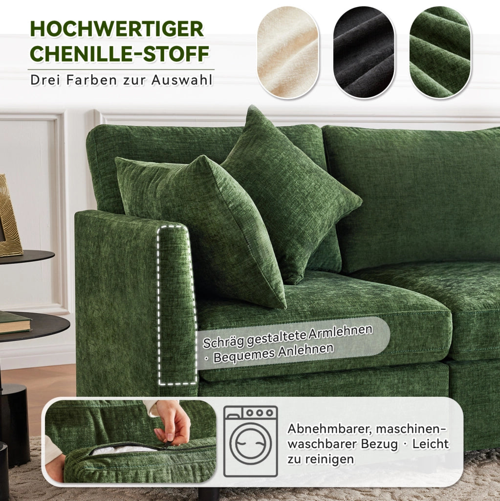Divano modulare configurabile a L con pouf mobile; 3-4 posti; chenille verde; 216 x 161 x 81 cm