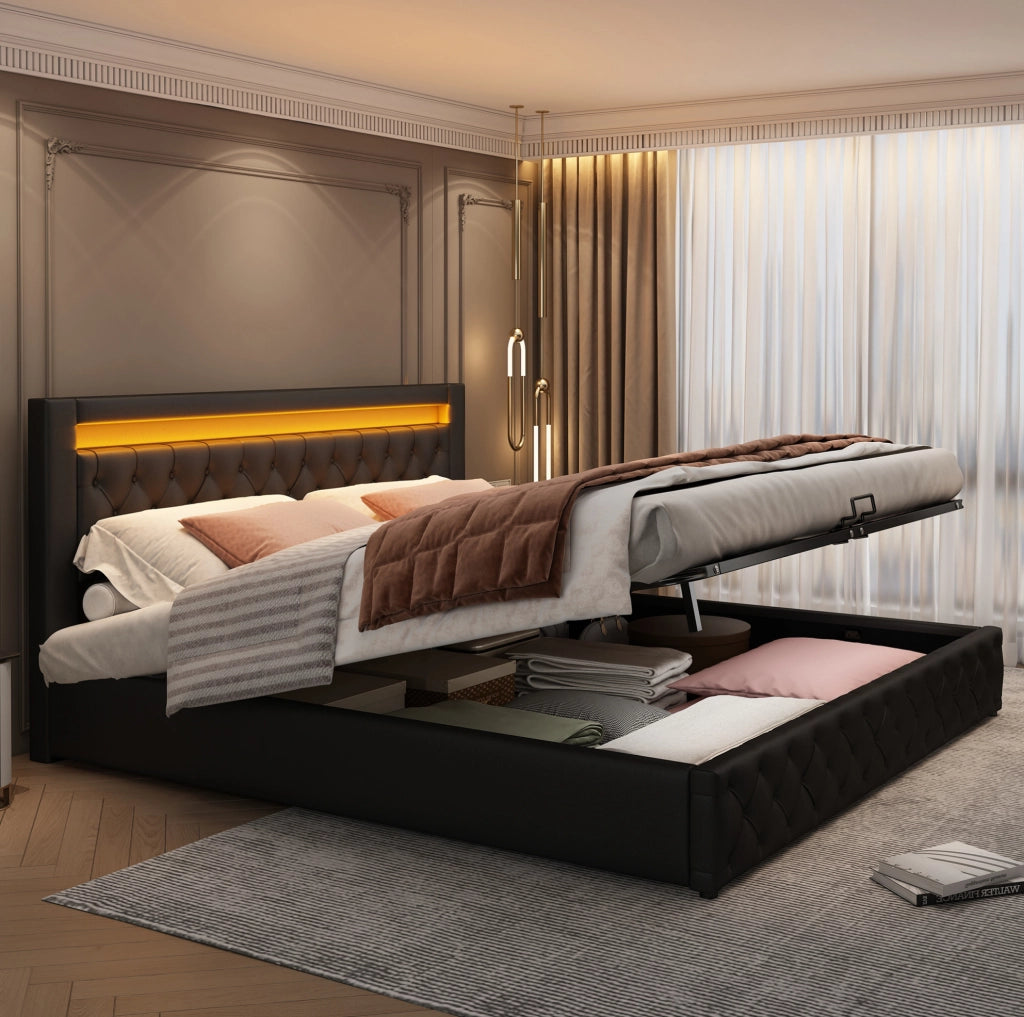Letto matrimoniale 140x200 cm con contenitore e LED; rivestimento in PU nero