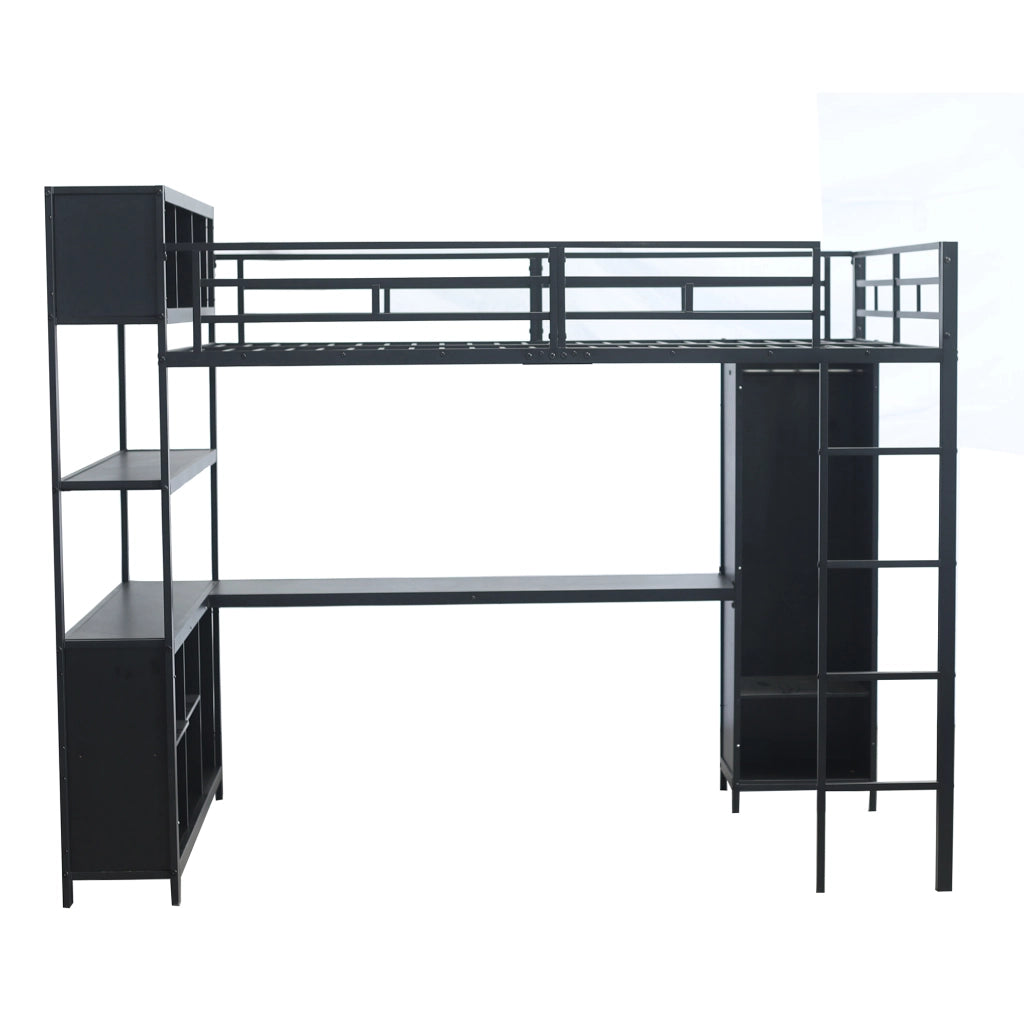 Letto a soppalco 140 × 200 cm 2 posti con scrivania, armadio e vani contenitore, senza materasso, nero