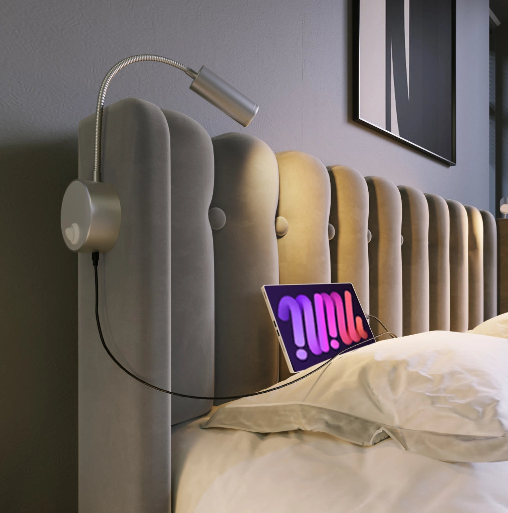 Letto matrimoniale contenitore 140x200 cm in velluto grigio con luce da lettura e USB