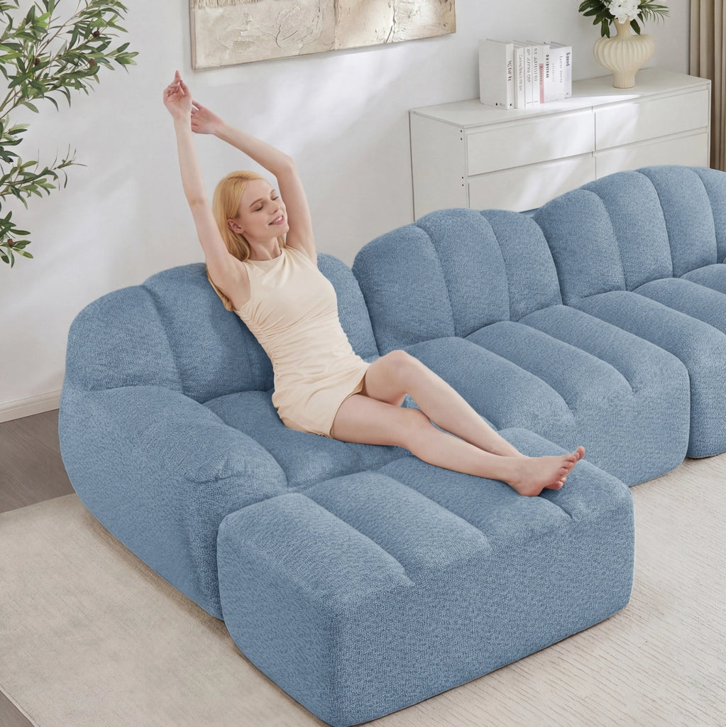Divano modulare a U 288x165x79 cm in schiuma e tessuto blu