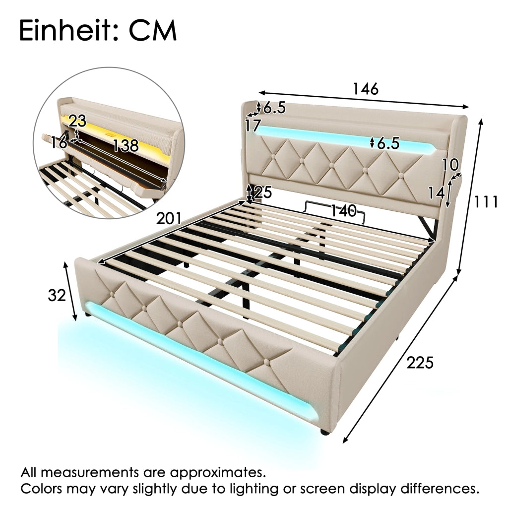 DESMIU Letto Contenitore 140 × 200 cm 2 posti con LED, USB, Type-C e vano idraulico, con materasso, beige