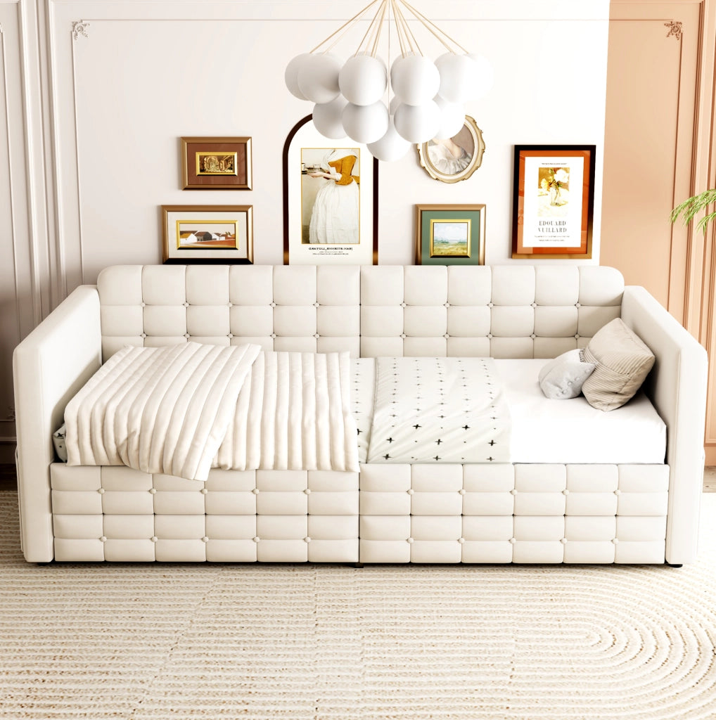 Letto imbottito 90x190 cm beige in velluto con cassetti e tasche laterali
