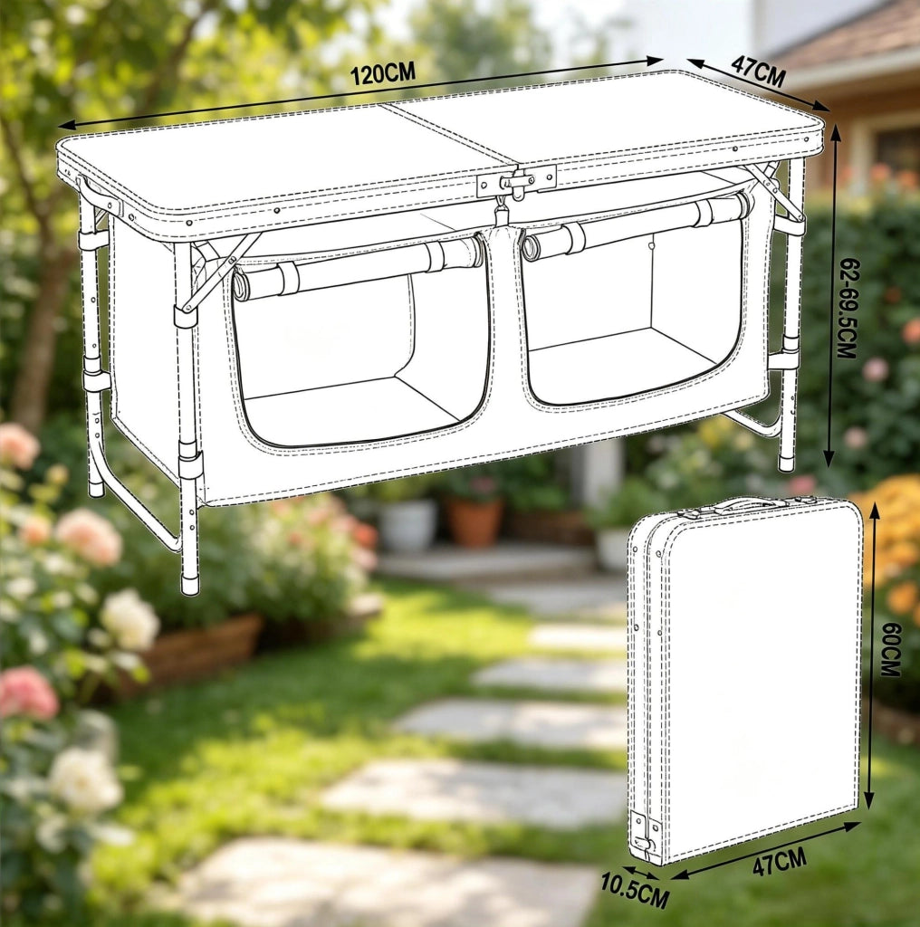 Tavolo da picnic pieghevole in alluminio con piano MDF, gambe regolabili, borsa portaoggetti in Oxford, 120x47 cm