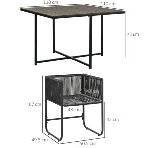 Set da giardino 5 pezzi in polyrattan con tavolo quadrato 110x110 cm e 4 sedie imbottite