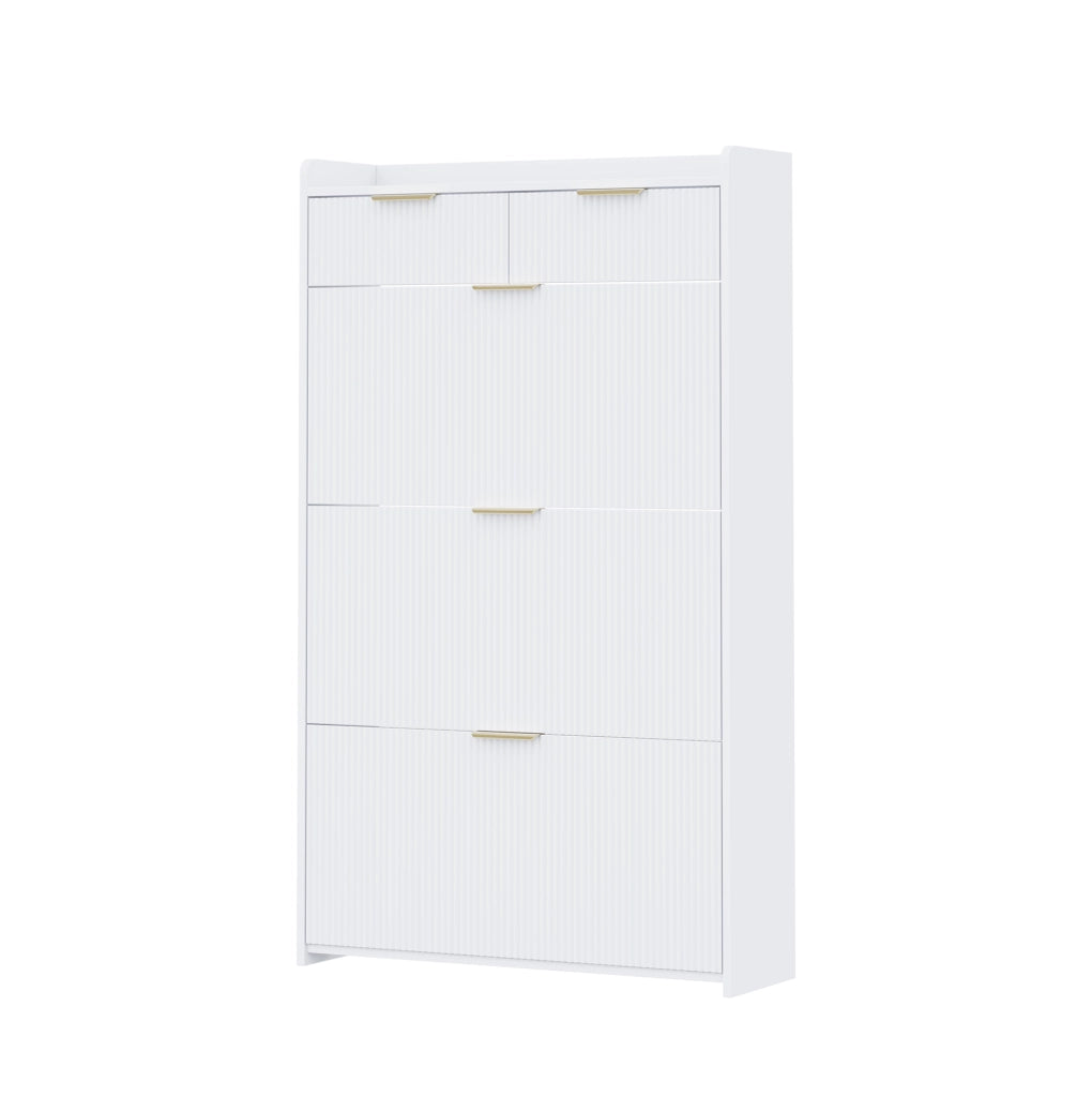 Scarpiera slim con 3 ante a ribalta e 2 cassetti; 80 ¡Á 25 ¡Á 135 cm; truciolare bianco