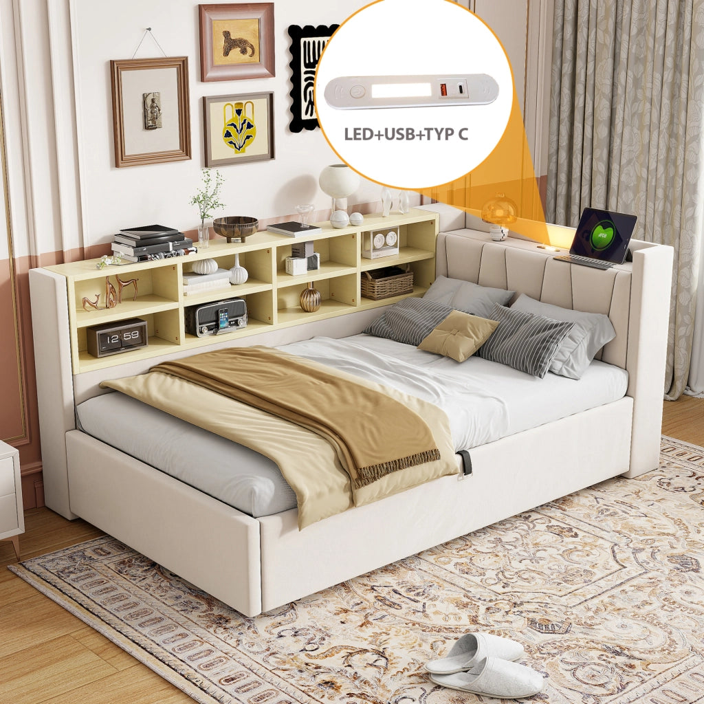 LETTO Contenitore 90x200 cm in Velluto Beige con testiera multifunzione